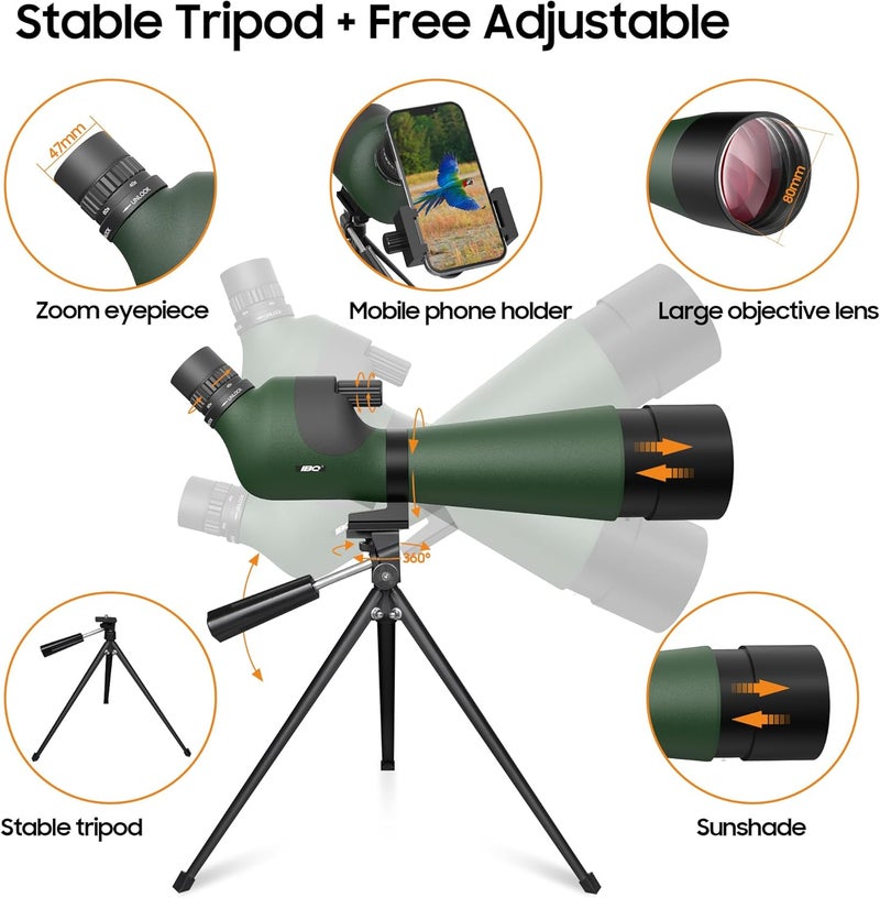 IBQ 20-60x85 Spotting Scope, Spotting scopes for Target Shooting, Spotting scopes for Hunting, BAK4 High Definition Waterproof Spotter Scopes for Bird Watching,with Tripod - Image 4